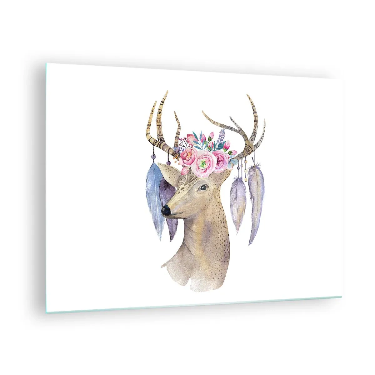 Impression sur verre - Image sur verre - Cerf avec une couronne de fleurs et des plumes - 70x50cm - Guide de l'âme - doux, innocent - Décoration murale moderne pour le salon et la chambre ARTTOR