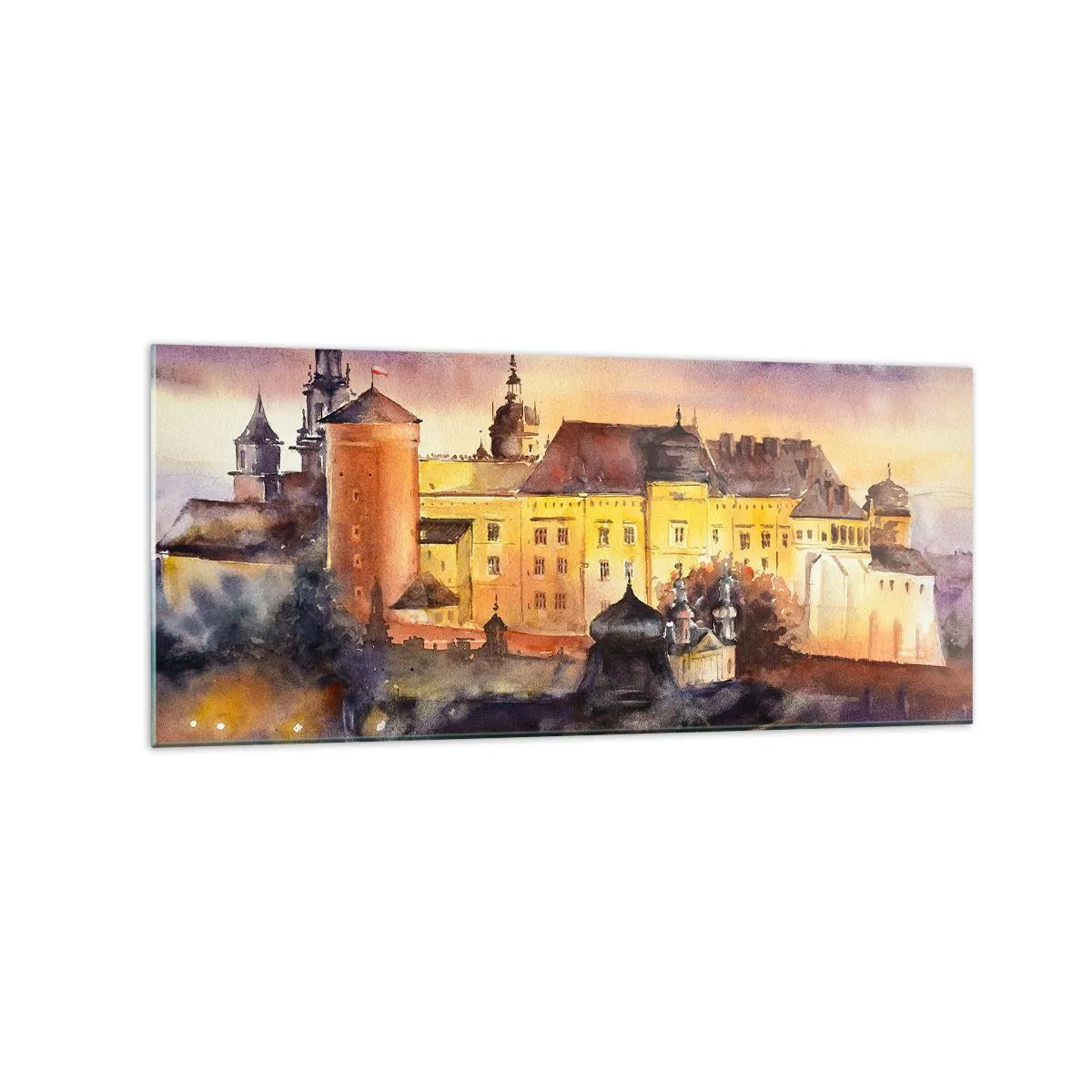 Impression sur verre - Image sur verre - Une aquarelle pittoresque d'un château au coucher du soleil - 120x50cm - Histoire et conte de fées - Décoration murale moderne pour le salon et la chambre ARTTOR