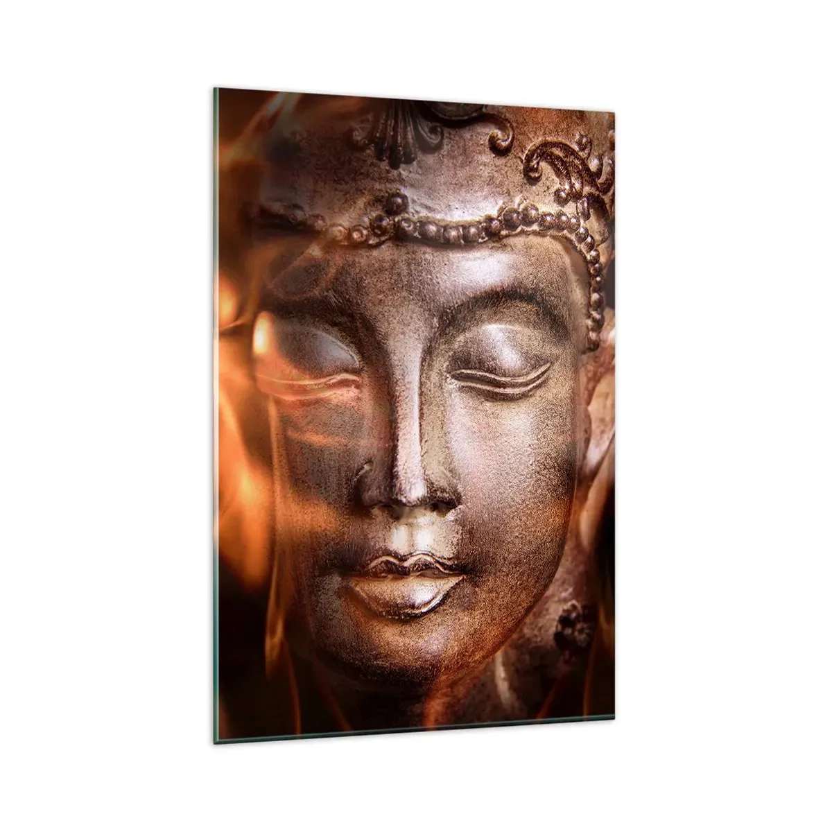 Impression sur verre - Image sur verre - Une statue de Bouddha au milieu de flammes aux teintes dorées - 80x120cm - Il n'existe qu'ici et maintenant - Décoration murale moderne pour le salon et la chambre ARTTOR