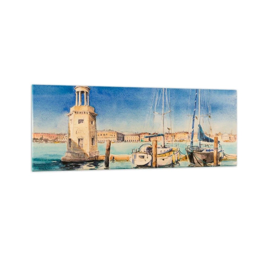 Impression sur verre - Image sur verre - Marina avec bateaux sur fond de lagon bleu - 140x50cm - Lagune ensoleillée - Décoration murale moderne pour le salon et la chambre ARTTOR