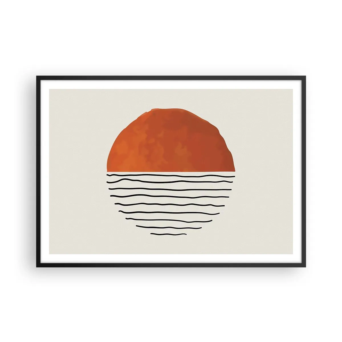Affiche dans un cadre noir - Poster - Un coucher de soleil minimaliste sur des lignes ondulées - 100x70cm - Dans un climat japonnais - Décoration murale moderne pour le salon et la chambre ARTTOR
