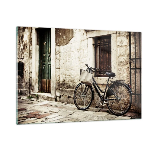 Impression sur verre - Image sur verre - Un vélo noir et blanc appuyé contre un vieil immeuble - 120x80cm - Retour au passé - Décoration murale moderne pour le salon et la chambre ARTTOR