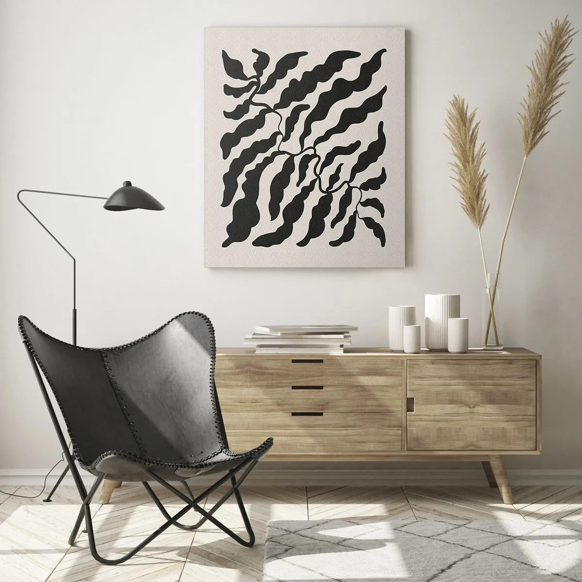 Impression sur verre - Image sur verre - Œuvre d'art botanique avec des feuilles noires organiques - 50x70cm - La nature du carré - Décoration murale moderne pour le salon et la chambre ARTTOR
