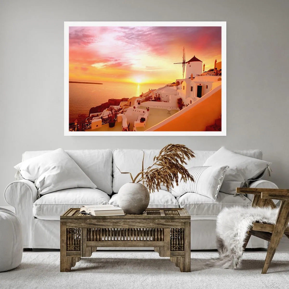 Affiche - Poster - Santorin au coucher du soleil avec un moulin à vent - 100x70cm - Fondre en blanc et or - Décoration murale moderne pour le salon et la chambre ARTTOR