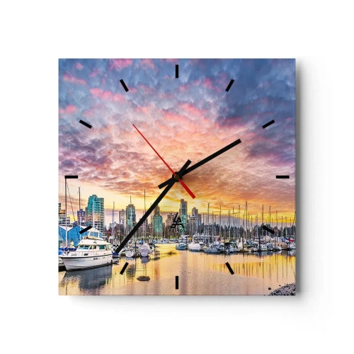 Horloge murale - Pendule murale - Marina avec yachts et paysage urbain au coucher du soleil - 30x30cm - La cité aux mille marins - Décoration murale moderne pour le salon et la chambre ARTTOR