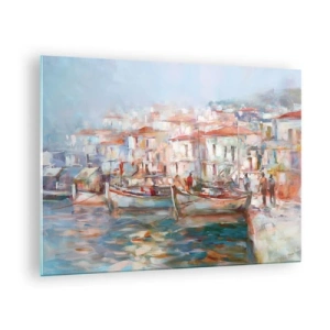 Impression sur verre - Image sur verre - Un port pittoresque avec des bateaux aux couleurs pastel - 70x50cm - Vacances pastelles - Décoration murale moderne pour le salon et la chambre ARTTOR