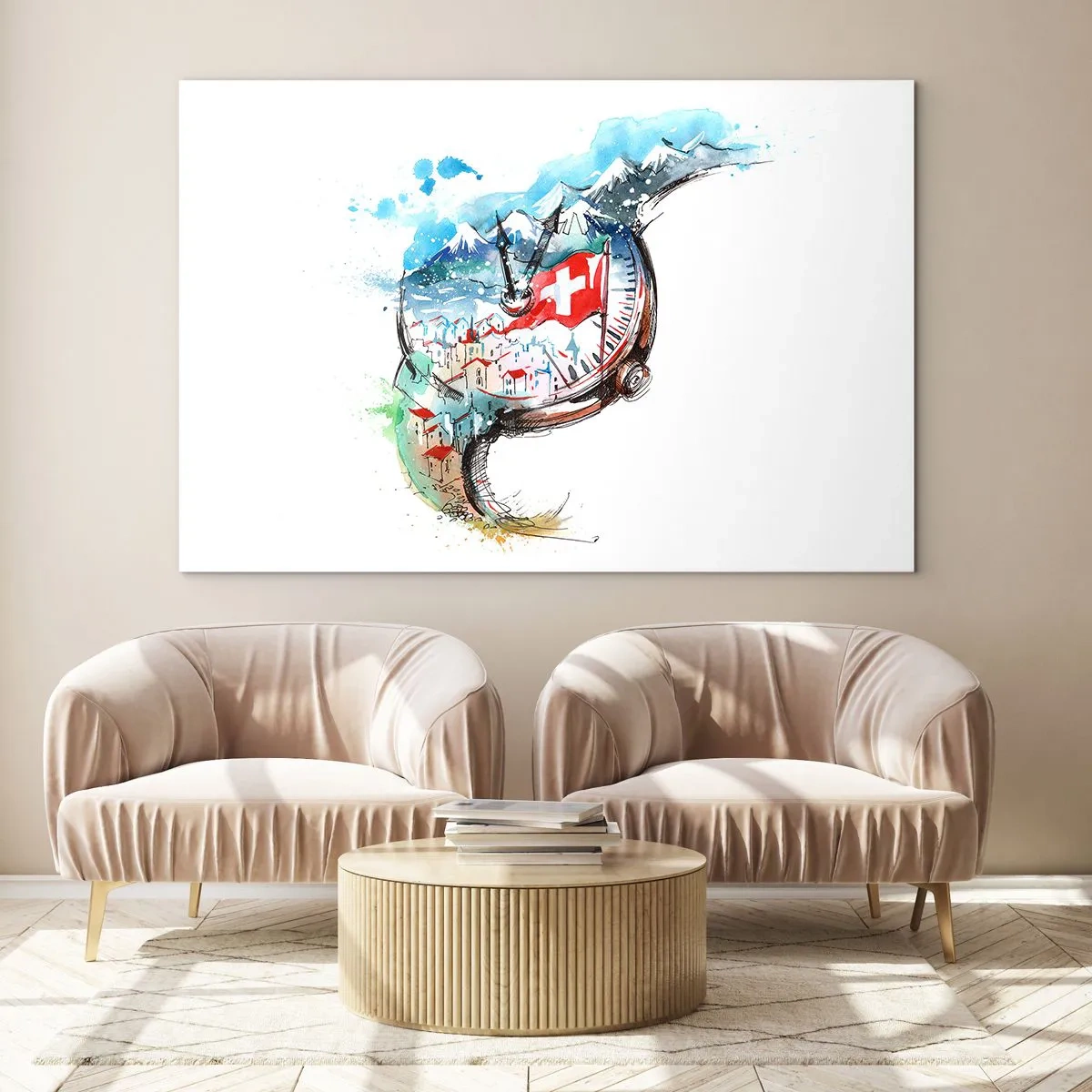 Impression sur verre - Image sur verre - Aquarelle représentant un paysage suisse avec un drapeau et une montre - 70x50cm - L'esprit de la Suisse - Décoration murale moderne pour le salon et la chambre ARTTOR