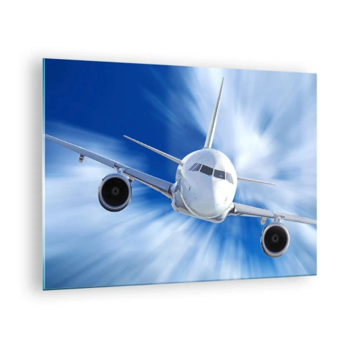 Impression sur verre - Image sur verre - Un avion de ligne contre un ciel bleu dynamique - 70x50cm - Plus vite que le vent dans le ciel - Décoration murale moderne pour le salon et la chambre ARTTOR