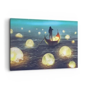 Impression sur toile - Image sur toile - Une silhouette dans un bateau entourée de boules lumineuses sur l'eau - 120x80cm - Des choses dont les philosophes n'ont jamais rêvé - Décoration murale moderne pour le salon et la chambre ARTTOR