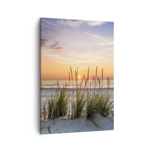 Impression sur toile - Image sur toile - Une plage de sable au coucher du soleil avec de l'herbe en arrière-plan - 50x70cm - Regarde, pense, ressent - Décoration murale moderne pour le salon et la chambre ARTTOR