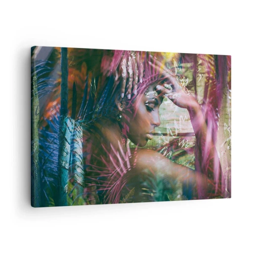 Impression sur toile - Image sur toile - Portrait d'une femme entourée d'une végétation exotique - 70x50cm - Dame Nature dans la jungle - Décoration murale moderne pour le salon et la chambre ARTTOR