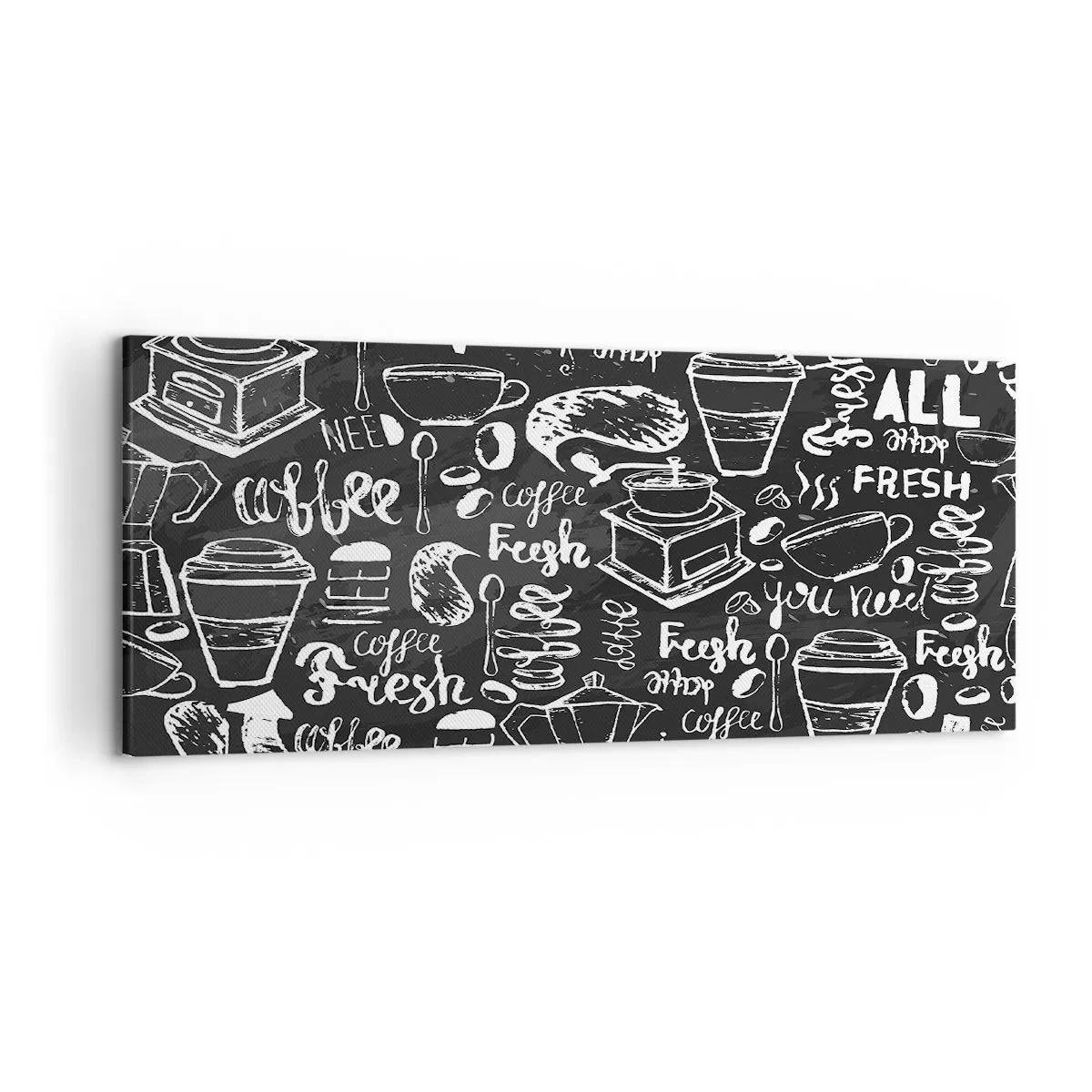 Impression sur toile - Image sur toile - Graphiques de café élégants sur fond noir - 120x50cm - Tout ce dont tu as besoin c'est… - Décoration murale moderne pour le salon et la chambre ARTTOR