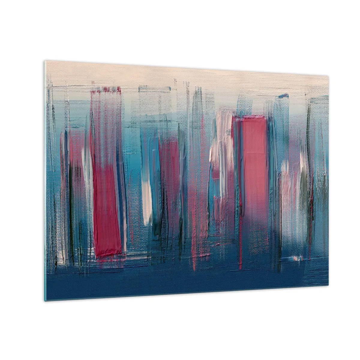 Impression sur verre - Image sur verre - Coups de pinceau verticaux en rouge et bleu sur fond beige - 70x50cm - Composition verticale en bleu et rouge - Décoration murale moderne pour le salon et la chambre ARTTOR