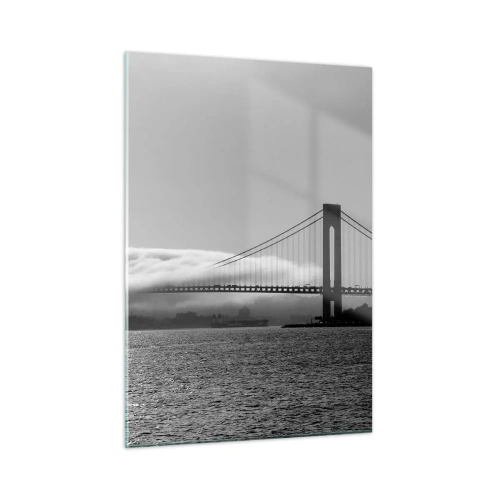Impression sur verre - Image sur verre - Un pont en noir et blanc avec du brouillard sur l'eau - 50x70cm - Naviguez à travers les Portes des Étoiles - Décoration murale moderne pour le salon et la chambre ARTTOR