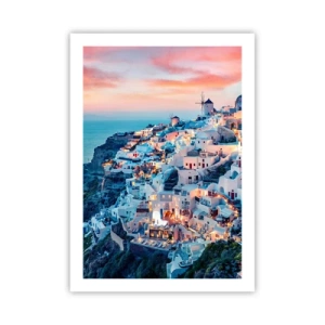 Affiche - Poster - Vue pittoresque des maisons illuminées de Santorin au coucher du soleil - 50x70cm - Vos grandes vacances en Grèce - Décoration murale moderne pour le salon et la chambre ARTTOR