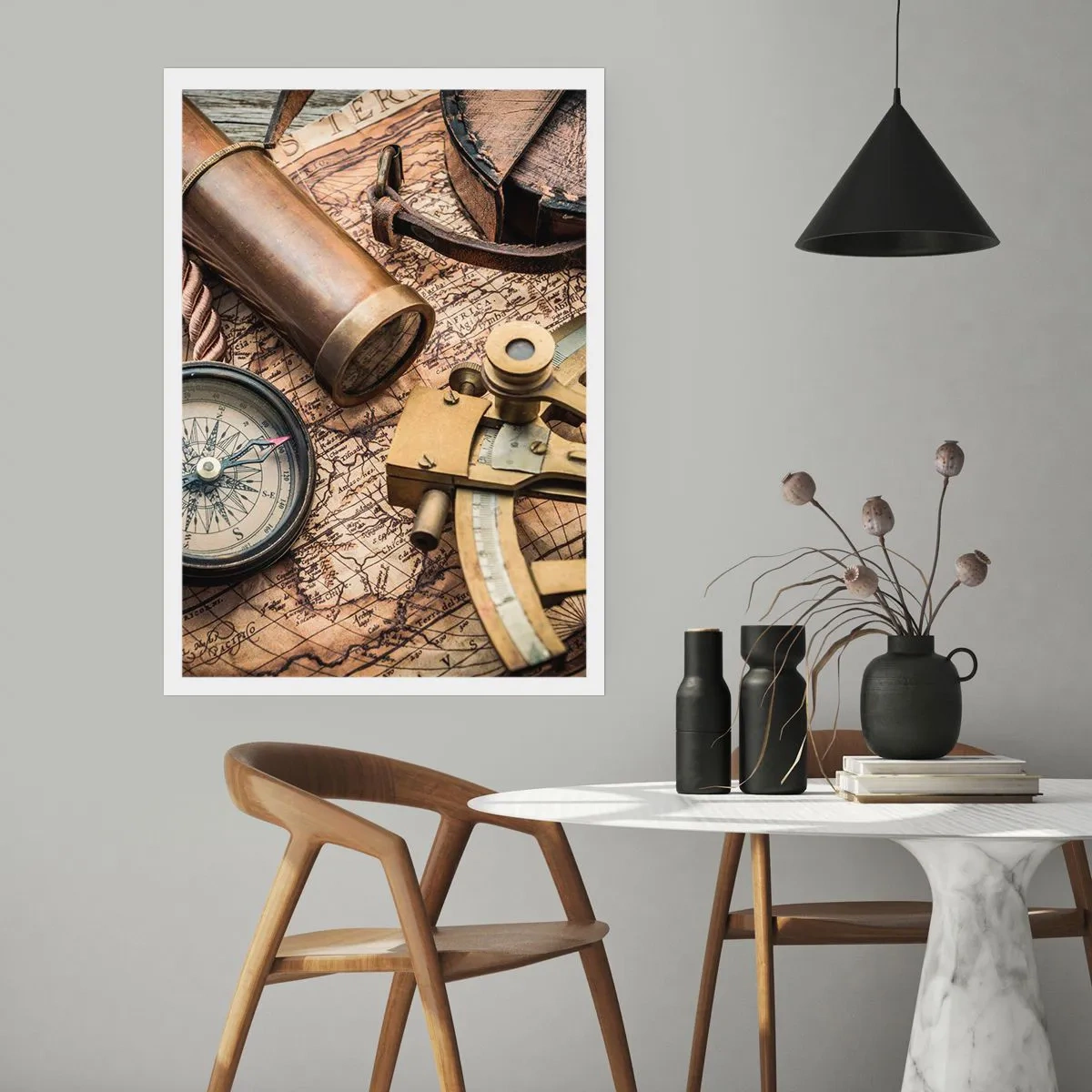 Affiche - Poster - Ensemble de navigation avec carte, boussole et sextant - 50x70cm - Fixer un cap - Décoration murale moderne pour le salon et la chambre ARTTOR