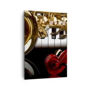 Impression sur toile - Image sur toile - Un saxophone doré, des touches de piano et un violon rouge - 70x100cm - Tôle, bois et ivoire - Décoration murale moderne pour le salon et la chambre ARTTOR