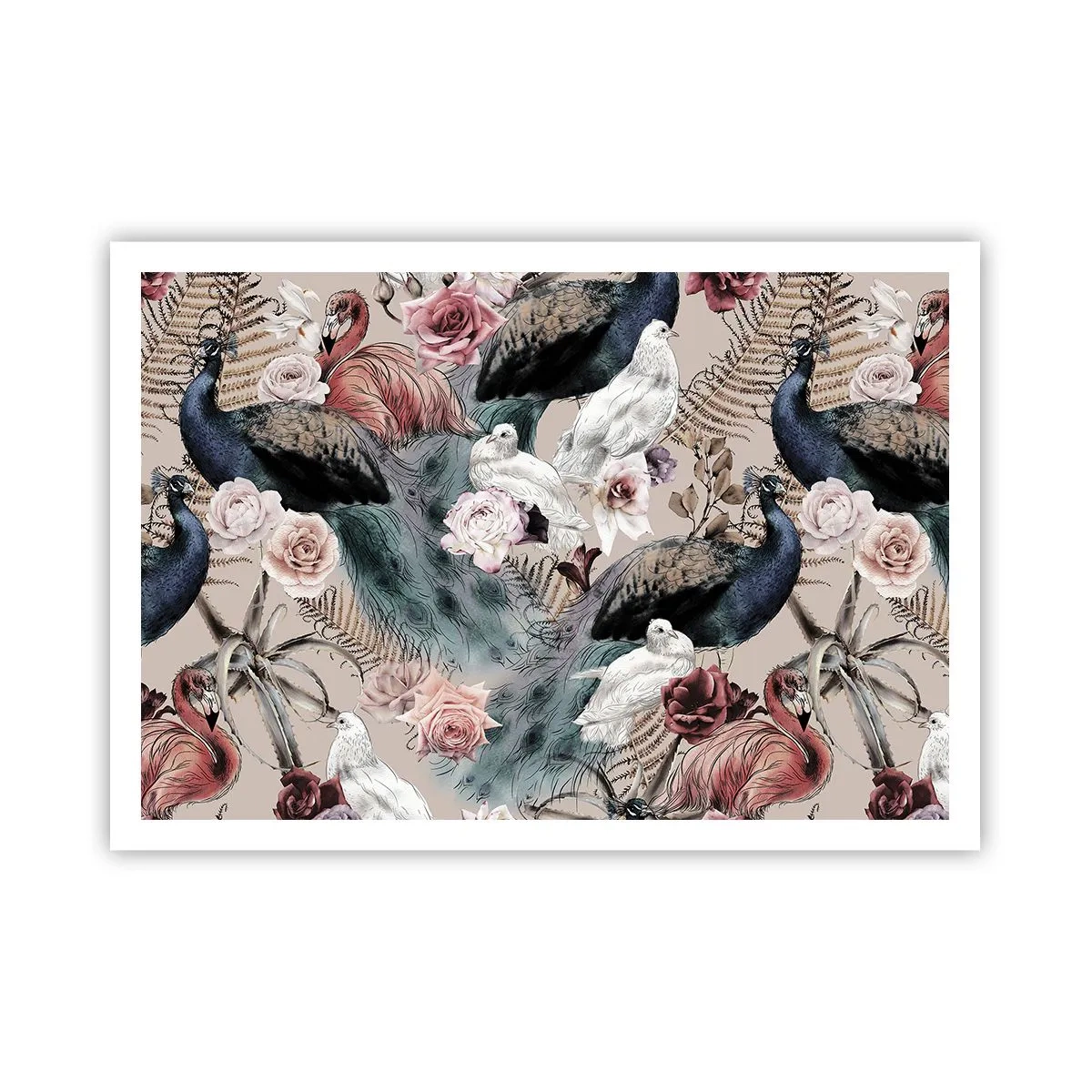 Affiche - Poster - Un paysage avec des plumes de paon, des roses et des oiseaux dans un style romantique. - 100x70cm - Dans un jardin de palace - Décoration murale moderne pour le salon et la chambre ARTTOR