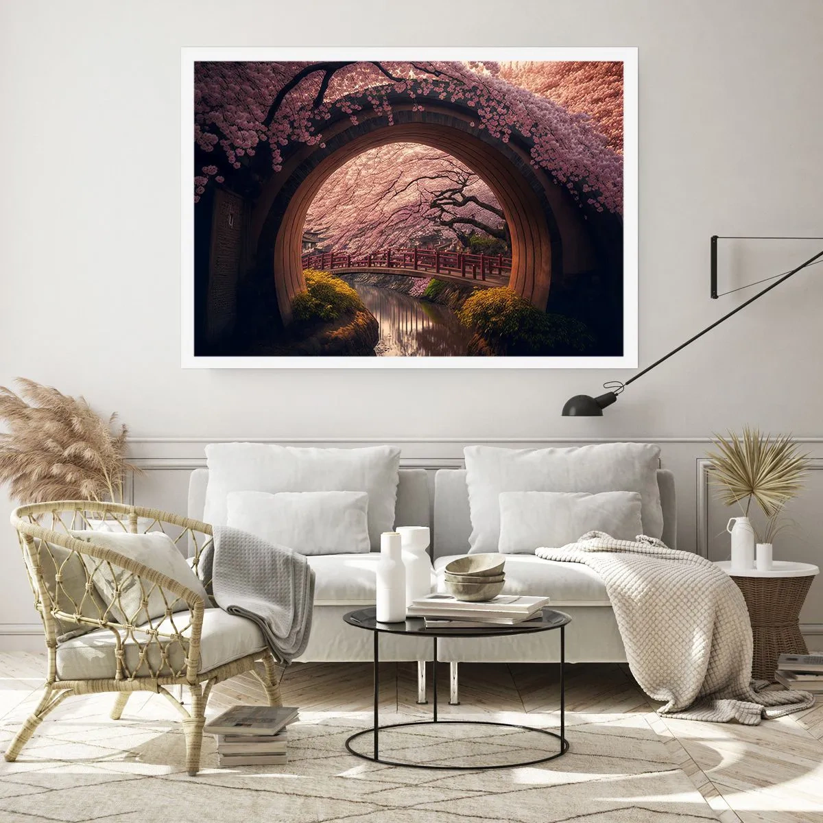 Affiche - Poster - Un pont japonais traditionnel entouré de fleurs de cerisier - 100x70cm - Printemps japonais - Décoration murale moderne pour le salon et la chambre ARTTOR