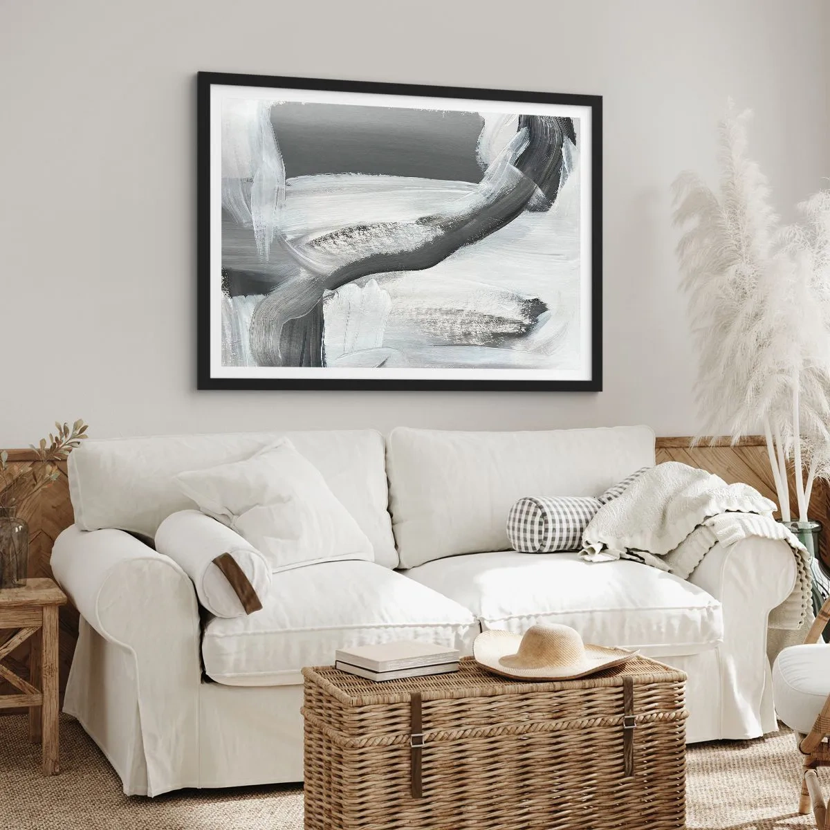 Affiche dans un cadre noir - Poster - Abstraction grise et blanche avec des lignes dynamiques - 100x70cm - Un geste décisif - Décoration murale moderne pour le salon et la chambre ARTTOR