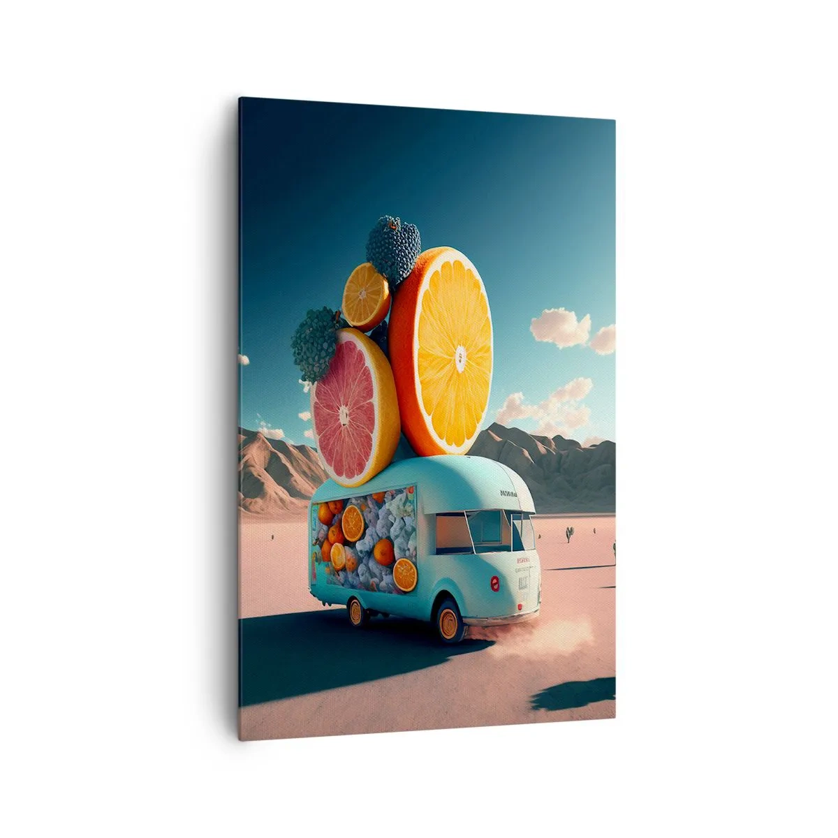 Impression sur toile - Image sur toile - Camion de fruits dans un paysage désertique - 80x120cm - Le goût des vacances - Décoration murale moderne pour le salon et la chambre ARTTOR