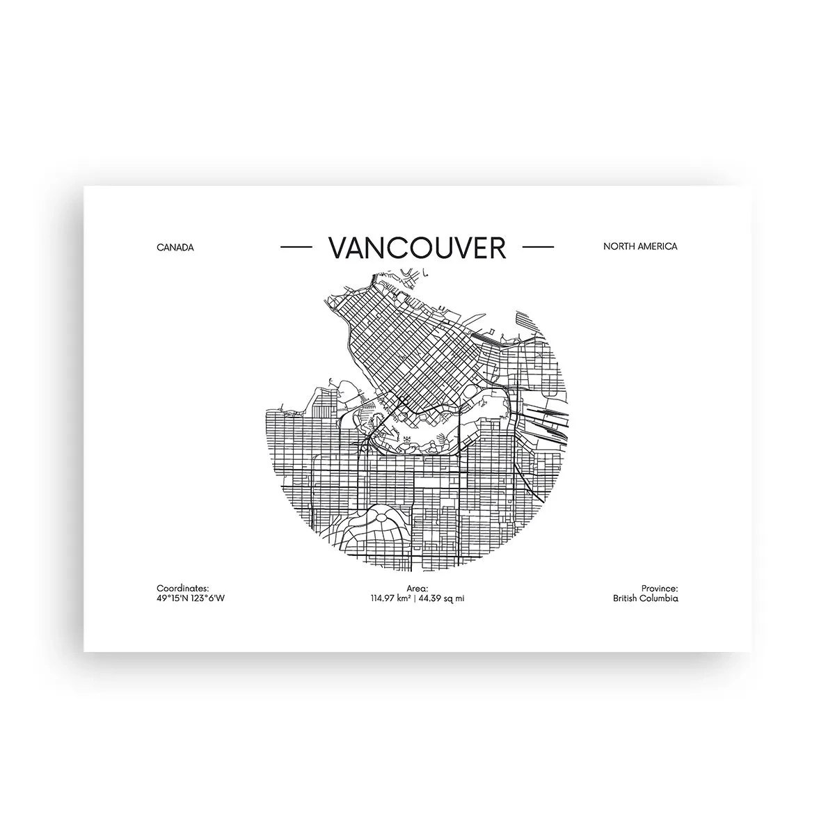 Affiche - Poster - Une carte de Vancouver dans un style minimaliste en noir et blanc - 100x70cm - Anatomie de Vancouver - Décoration murale moderne pour le salon et la chambre ARTTOR