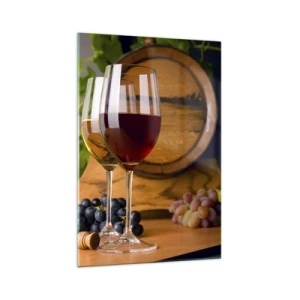 Impression sur verre - Image sur verre - Verres de vin avec des raisins, un tonneau et des bouteilles sur une table en bois - 70x100cm - Comme les vieux maîtres - Décoration murale moderne pour le salon et la chambre ARTTOR