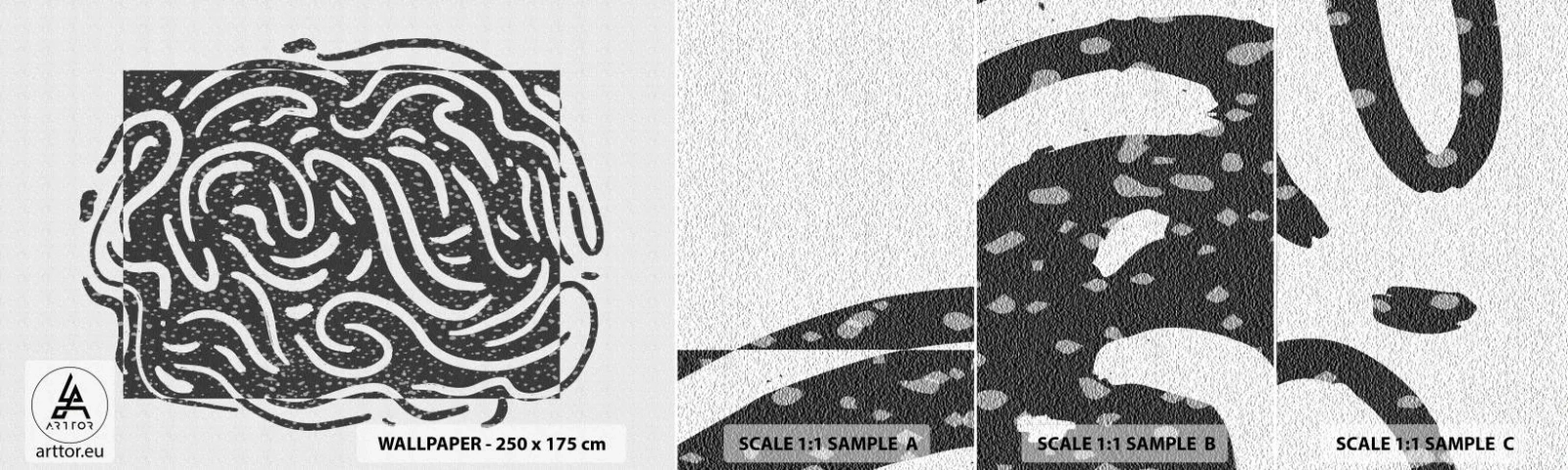 Échantillon de Papier Peint Autocollant Deluxe Sticker - Abstraction : la danse de la joie - Bohème, Noir et blanc, Minimalisme - 100x30 cm