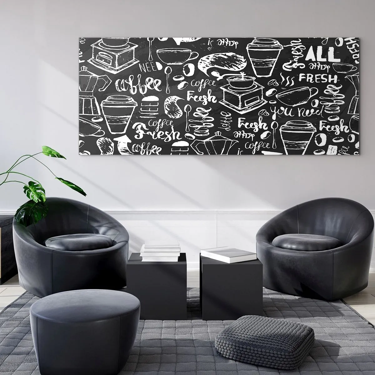 Impression sur verre - Image sur verre - Graphiques de café élégants sur fond noir - 140x50cm - Tout ce dont tu as besoin c'est… - Décoration murale moderne pour le salon et la chambre ARTTOR