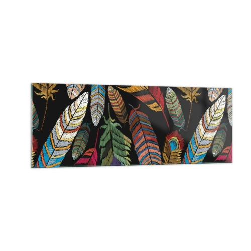 Impression sur verre - Image sur verre - Plumes colorées sur fond noir - 140x50cm - Le carnaval des oiseaux - Décoration murale moderne pour le salon et la chambre ARTTOR