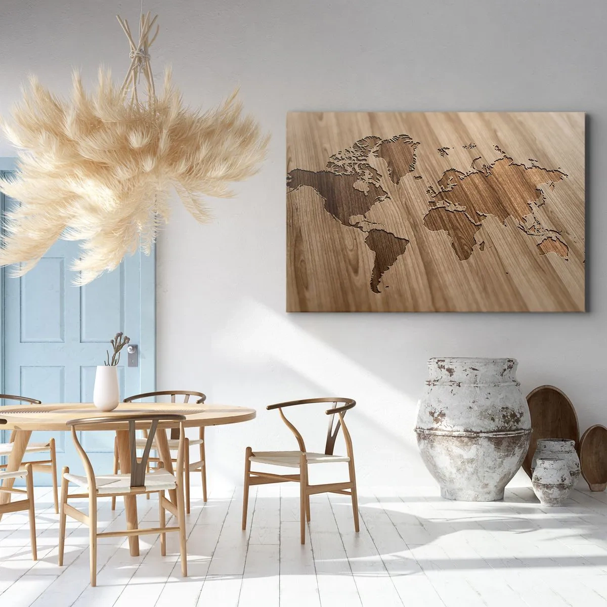 Impression sur toile - Image sur toile - Une carte du monde découpée sur une surface en bois - 100x70cm - Le monde est sur la table - Décoration murale moderne pour le salon et la chambre ARTTOR