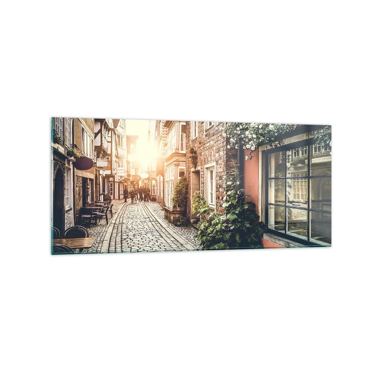 Impression sur verre - Image sur verre - Une charmante rue pavée de pierre et fleurie - 120x50cm - Allée de roses en lueur rose - Décoration murale moderne pour le salon et la chambre ARTTOR