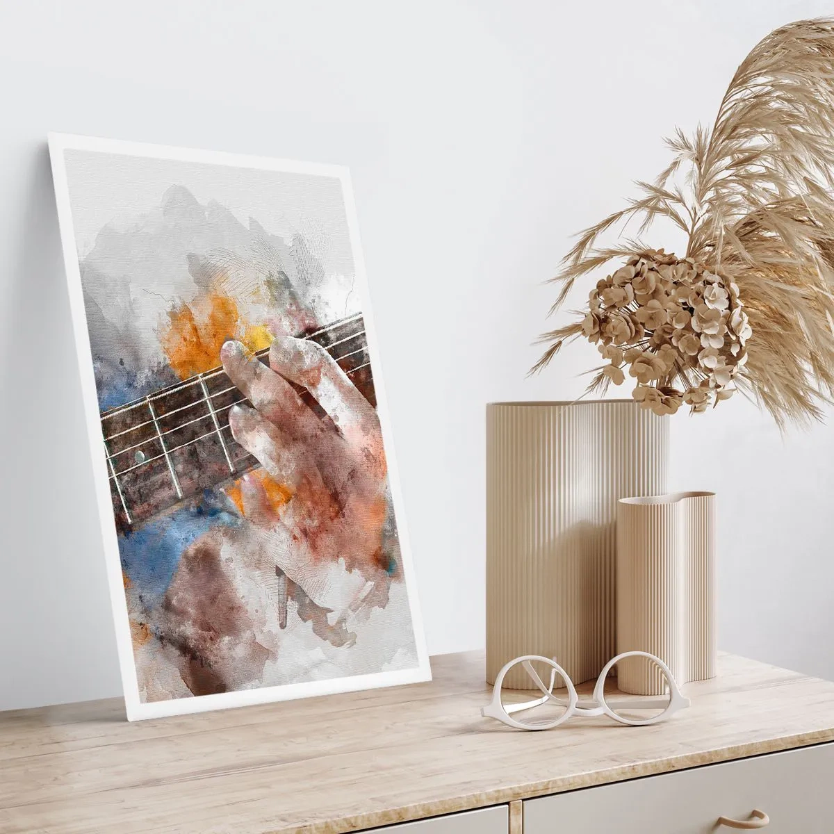 Affiche - Poster - Main artistique jouant de la guitare dans un style aquarelle - 50x70cm - La poésie entre les cordes - Décoration murale moderne pour le salon et la chambre ARTTOR