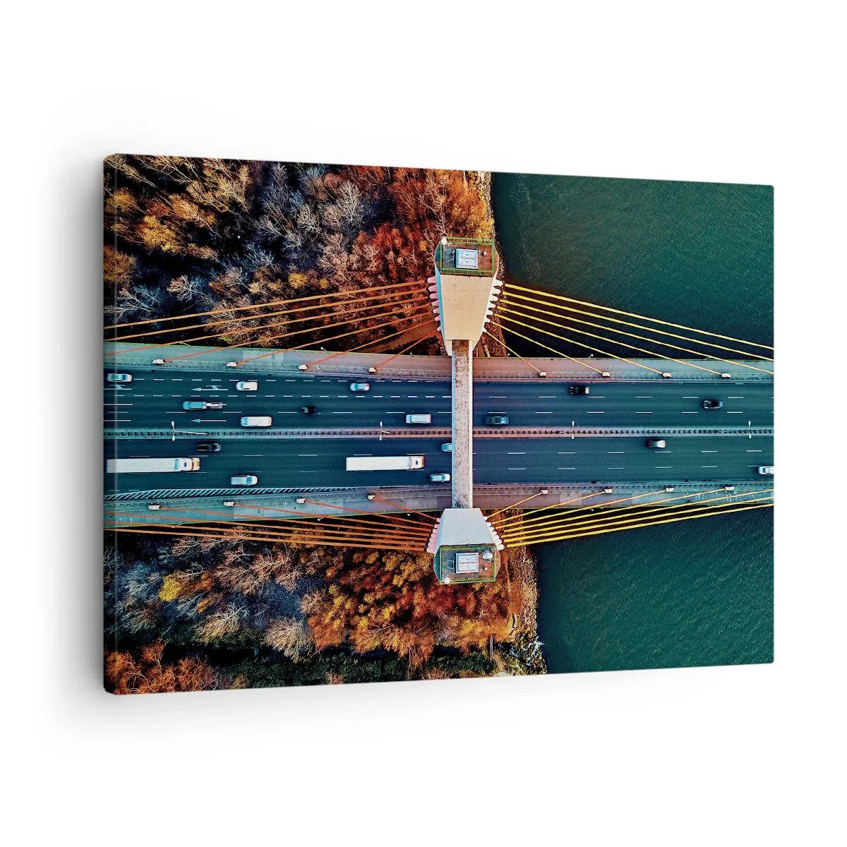 Impression sur toile - Image sur toile - Vue aérienne du pont sur la rivière et du paysage d'automne - 70x50cm - Au dessus de l'eau et de la forêt - Décoration murale moderne pour le salon et la chambre ARTTOR