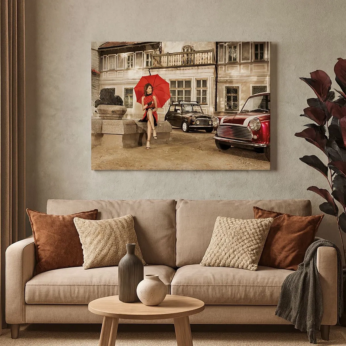 Impression sur toile - Image sur toile - Femme avec un parapluie rouge par des voitures classiques - 70x50cm - Un mini-voyage sentimental - Décoration murale moderne pour le salon et la chambre ARTTOR
