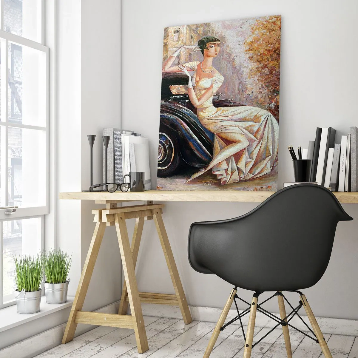 Impression sur verre - Image sur verre - Femme rétro à côté d'une voiture classique - 80x120cm - L'élégance dans un style rétro - Décoration murale moderne pour le salon et la chambre ARTTOR