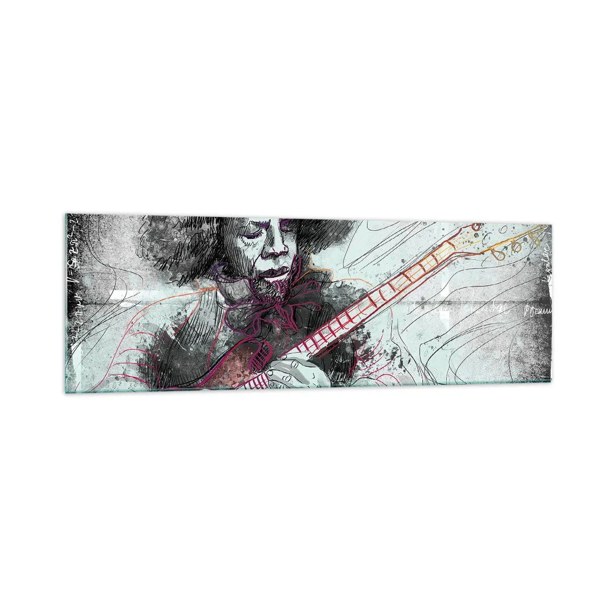 Impression sur verre - Image sur verre - Portrait artistique d'un guitariste en technique d'esquisse - 160x50cm - Sur les vagues de la musique - Décoration murale moderne pour le salon et la chambre ARTTOR