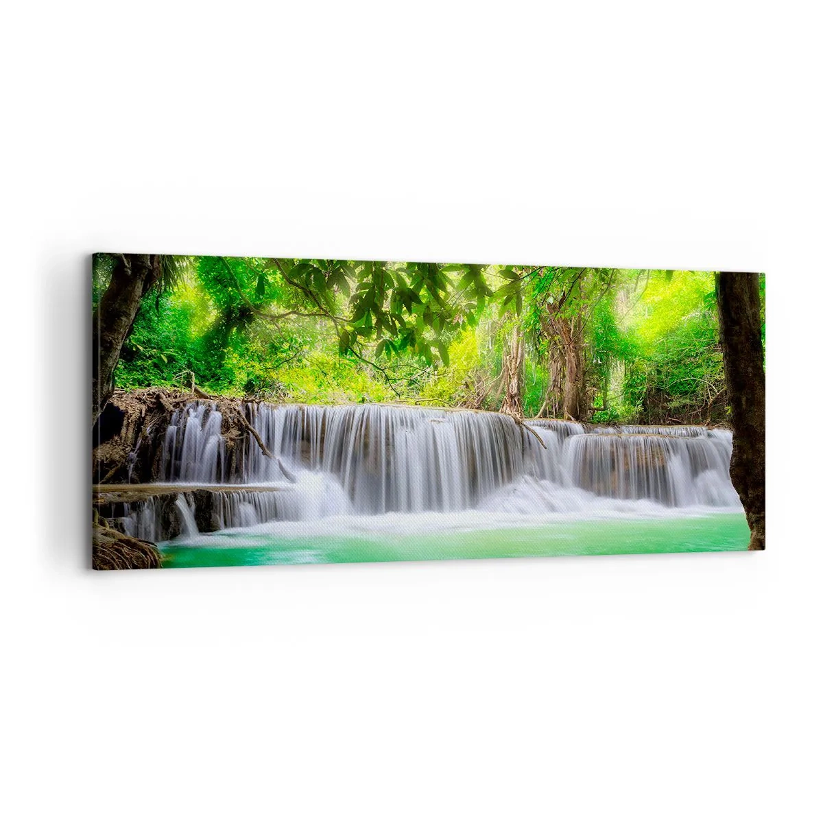Impression sur toile - Image sur toile - Une cascade verte entourée d'une végétation tropicale dense - 120x50cm - Une cascade de vert - Décoration murale moderne pour le salon et la chambre ARTTOR