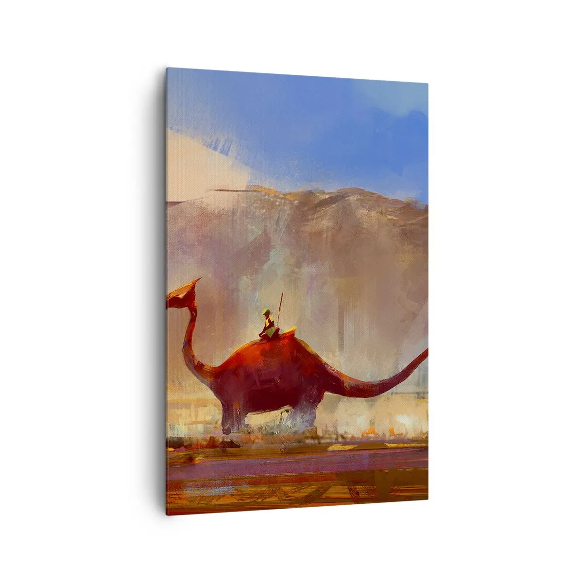 Impression sur toile - Image sur toile - Une scène fantastique avec un cavalier sur une créature préhistorique - 80x120cm - S'ils n'avaient pas disparu - Décoration murale moderne pour le salon et la chambre ARTTOR