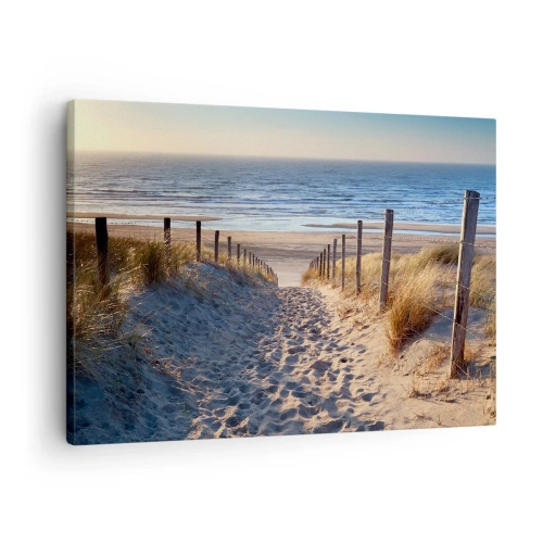 Impression sur toile - Image sur toile - Chemin à travers les dunes menant à la plage - 70x50cm - Le bruit de la mer, le chant des oiseaux, une plage sauvage parmi les herbes… - Décoration murale moderne pour le salon et la chambre ARTTOR