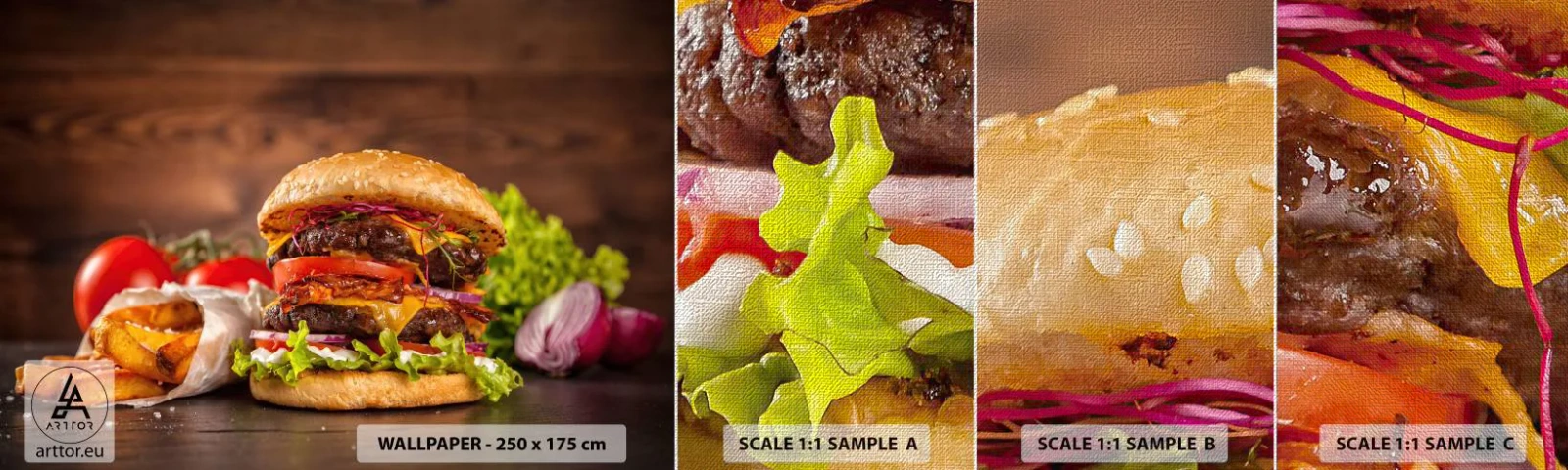 Échantillon de Papier Peint Premium Canvas - Le fruit défendu - La gastronomie, Hamburger, Burger - 100x30 cm