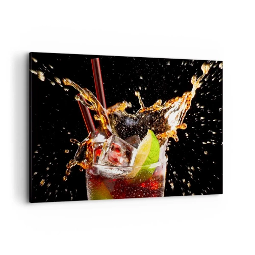 Impression sur toile - Image sur toile - Un verre de boisson, citron vert et glace au moment des éclaboussures dynamiques - 120x80cm - Joie et énergie des couleurs - Décoration murale moderne pour le salon et la chambre ARTTOR