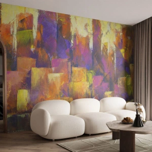 Papier Peint Photo Standard Eco - Une ville abstraite aux tons violets, orange et or. - 100x70cm - Composition métropolitaine - Décoration murale moderne pour le salon et la chambre ARTTOR