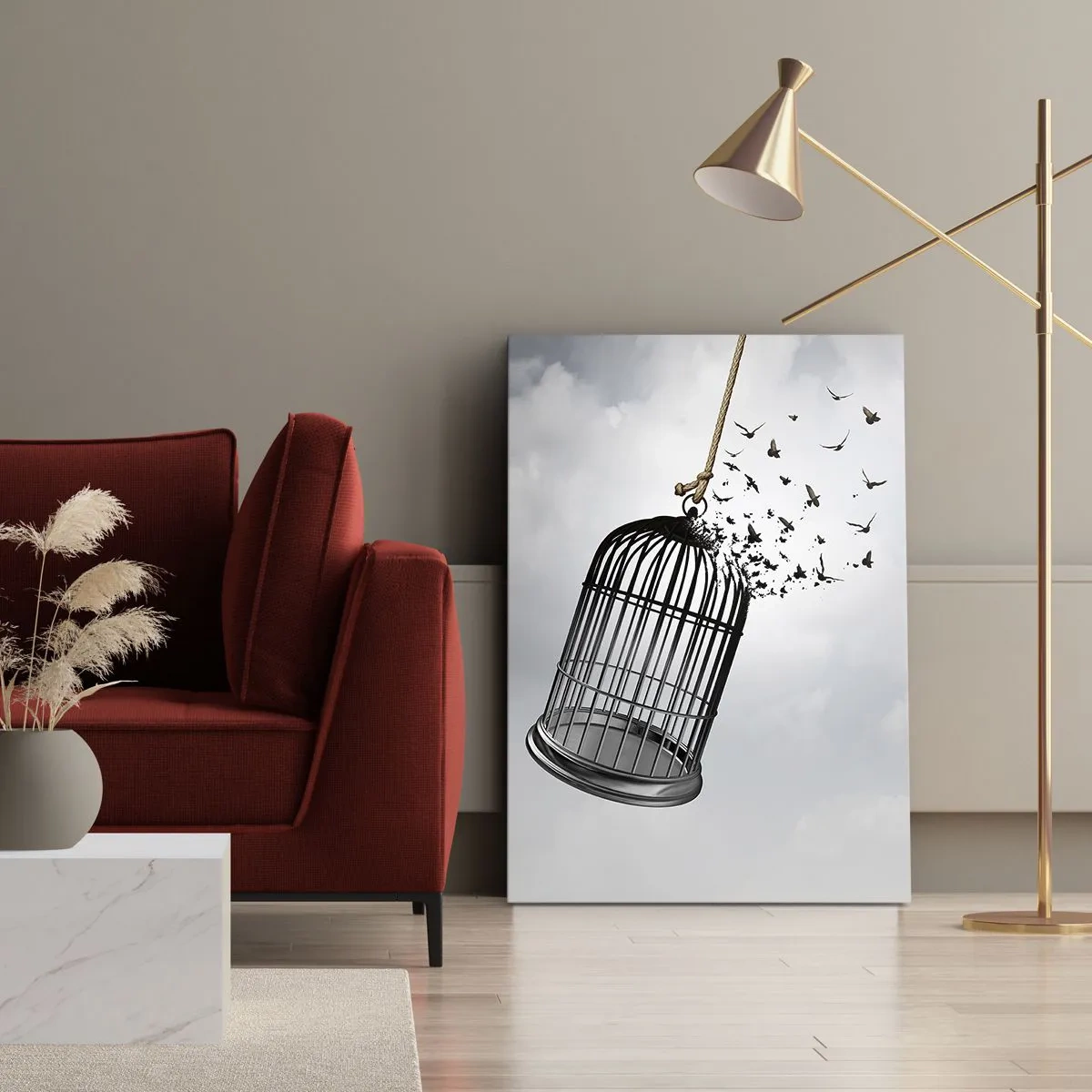 Impression sur toile - Image sur toile - Des oiseaux s'envolent d'une cage dans le ciel - 50x70cm - Foie...Espoir...Liberté! - Décoration murale moderne pour le salon et la chambre ARTTOR
