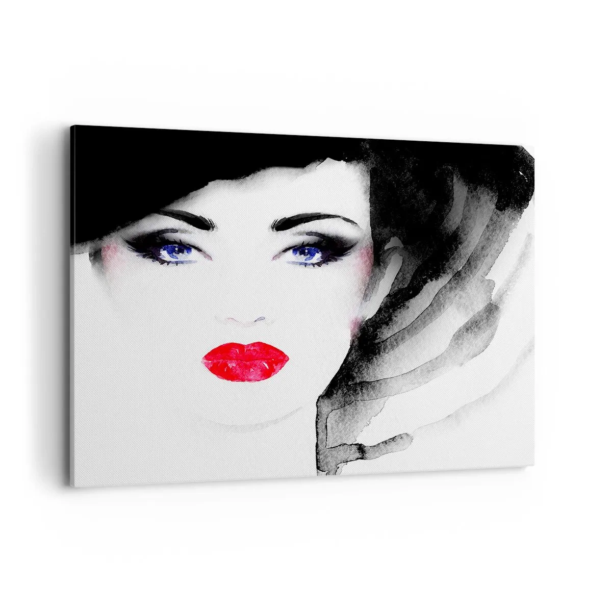 Impression sur toile - Image sur toile - Portrait d'une femme aux lèvres rouges et aux yeux bleus intenses - 100x70cm - Elle repousse et attire - Décoration murale moderne pour le salon et la chambre ARTTOR