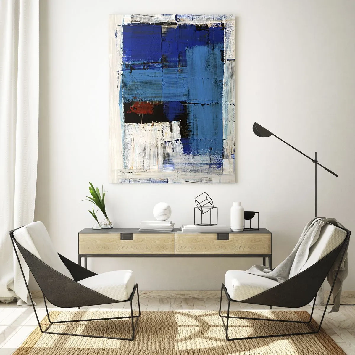 Impression sur verre - Image sur verre - Composition abstraite dans les tons de bleu et de blanc - 70x100cm - Secret de bleu - Décoration murale moderne pour le salon et la chambre ARTTOR
