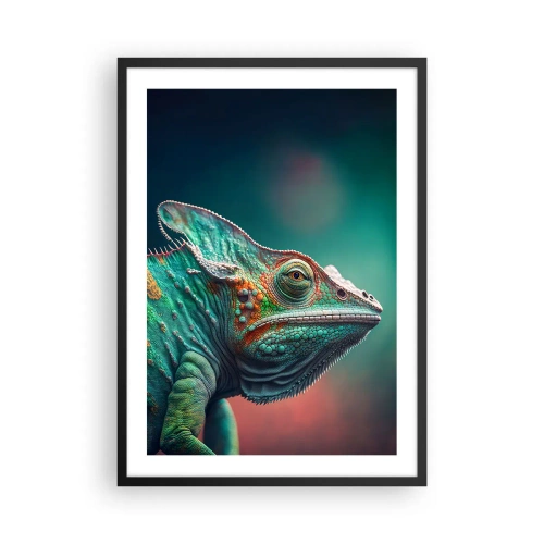Affiche dans un cadre noir - Poster - Un caméléon coloré sur un fond saisissant - 50x70cm - Vous me voyez? Pas bien… - Décoration murale moderne pour le salon et la chambre ARTTOR