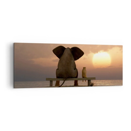 Impression sur toile - Image sur toile - Un éléphant et un chien sont assis sur un banc sur la plage au coucher du soleil. - 140x50cm - C'est bon de garder le silence ensemble - Décoration murale moderne pour le salon et la chambre ARTTOR