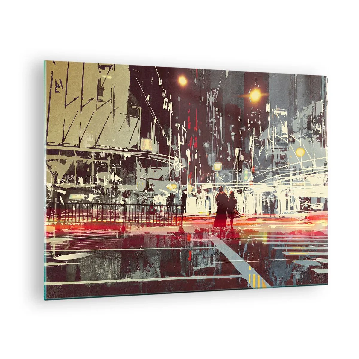 Impression sur verre - Image sur verre - Paysage urbain nocturne avec néons et silhouettes de passants - 70x50cm - Une grande traversée de ville - Décoration murale moderne pour le salon et la chambre ARTTOR
