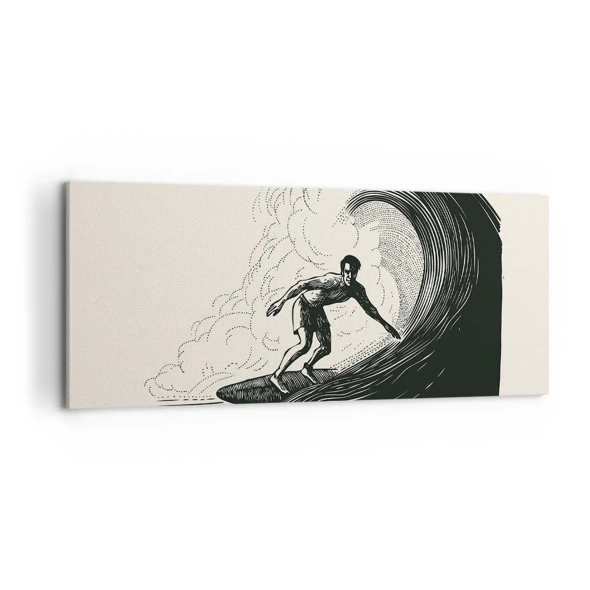 Impression sur toile - Image sur toile - Graphique en noir et blanc d'un surfeur sur une vague - 120x50cm - Le roi de la vague - Décoration murale moderne pour le salon et la chambre ARTTOR